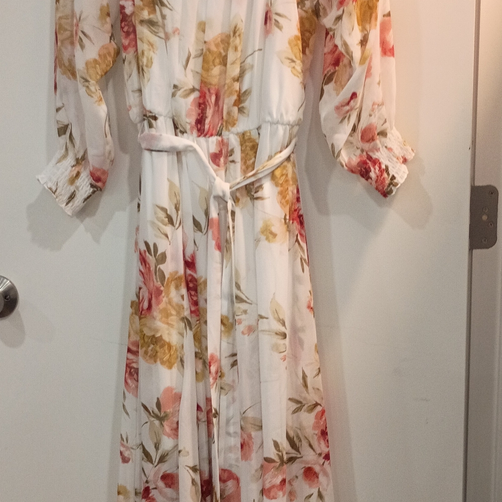 Floral Maxi Dress - White with Red and Yellow Accents